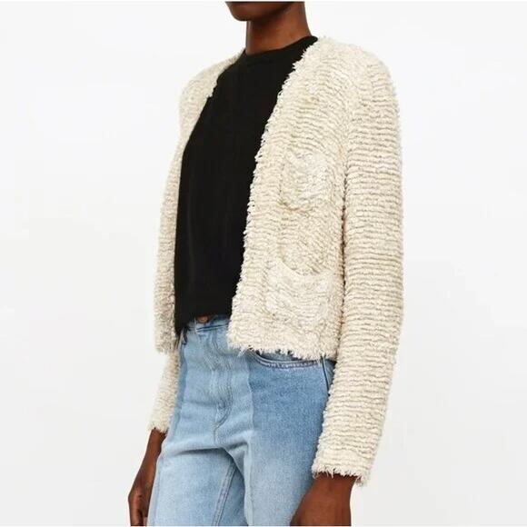 EUC L’AGENCE Cream Bouclé Tweed Open Front Frayed Jacket Sz 8 Silk Blend Cropped - Picture 9 of 16